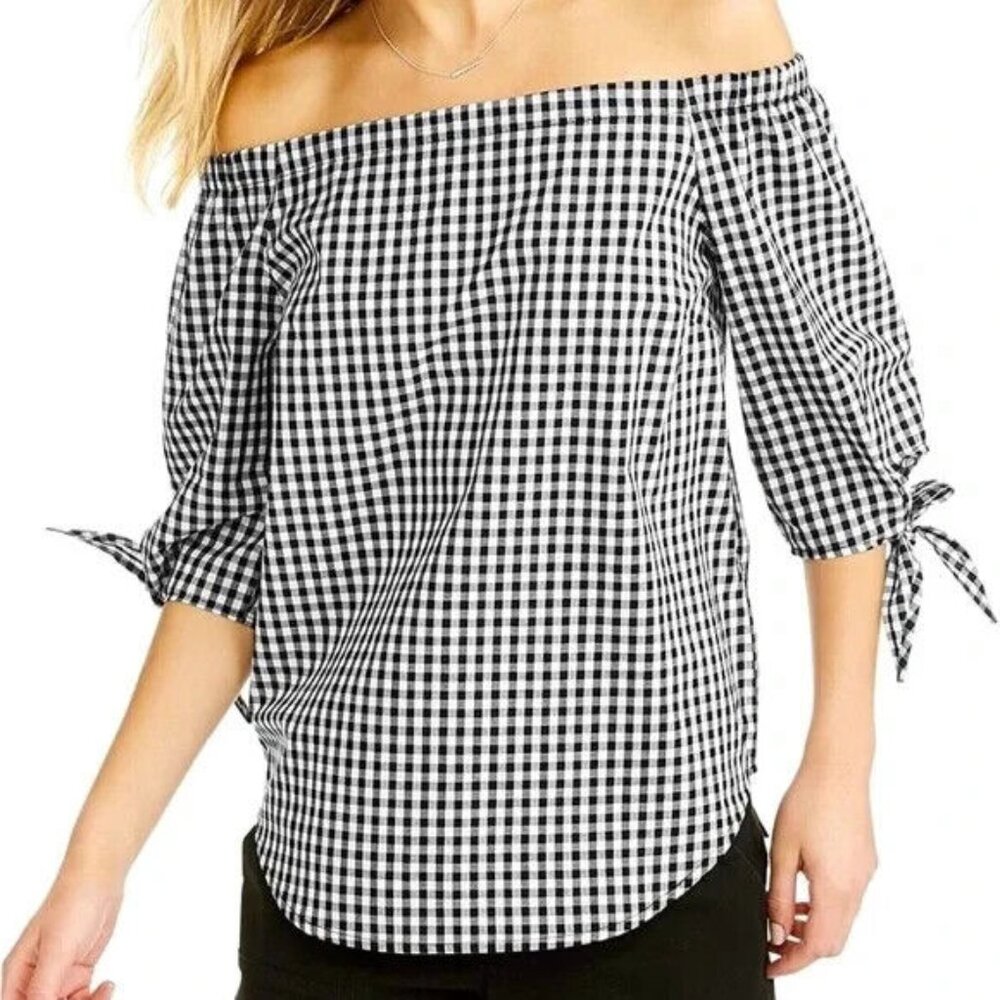 Per Se Off Shoulder Black White Gingham Elastic Neckline Tie Sleeve Top Sz XL